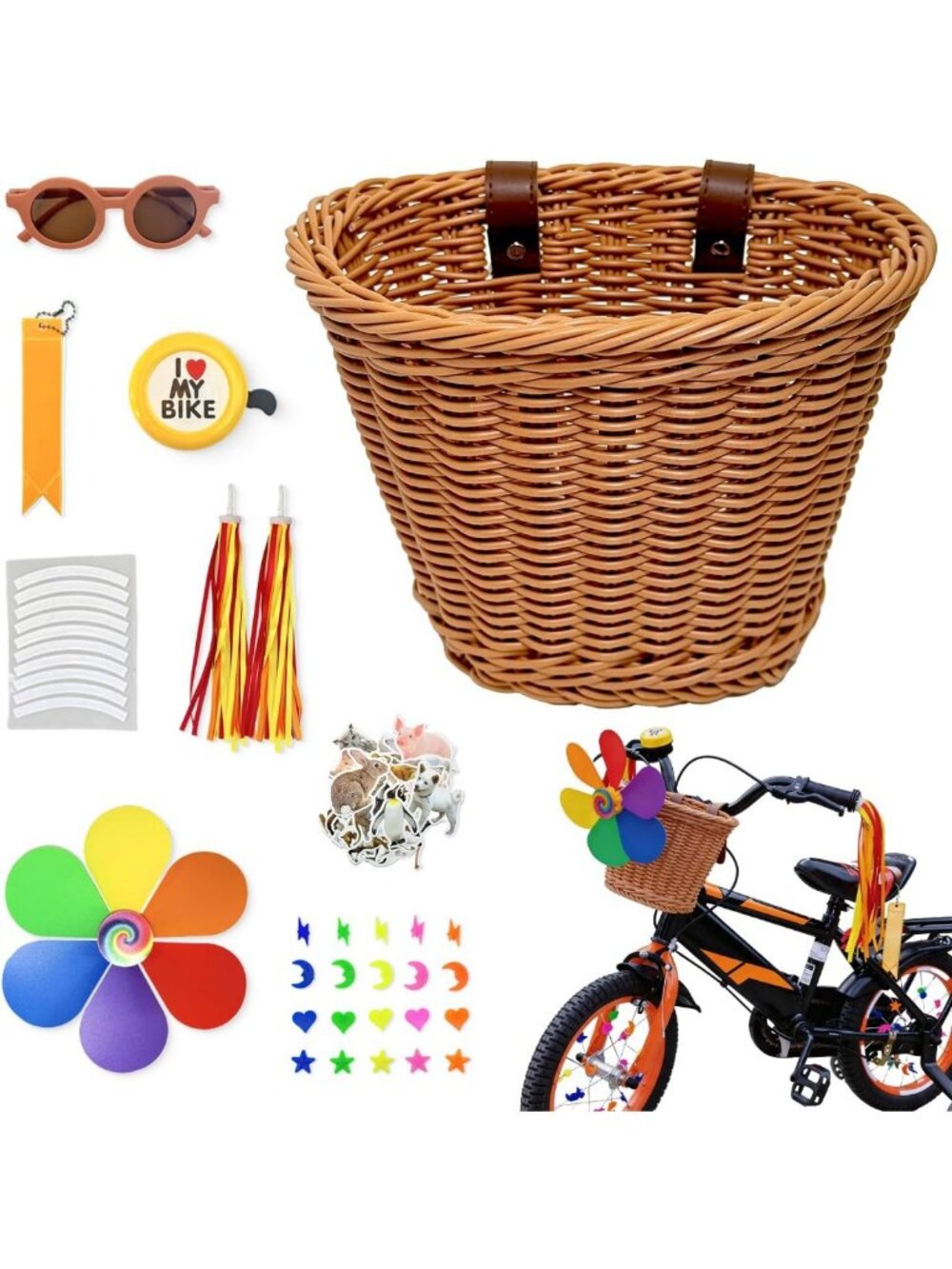 Handwoven Kids Bike Basket Set with Bell, Streamers & Reflective Gear - Fun